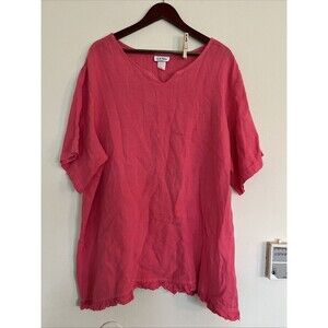 C K Blue 100% Pre Shrunk Linen Ruffle Hem Short Sleeve V Neck Pink Tunic Top 3X